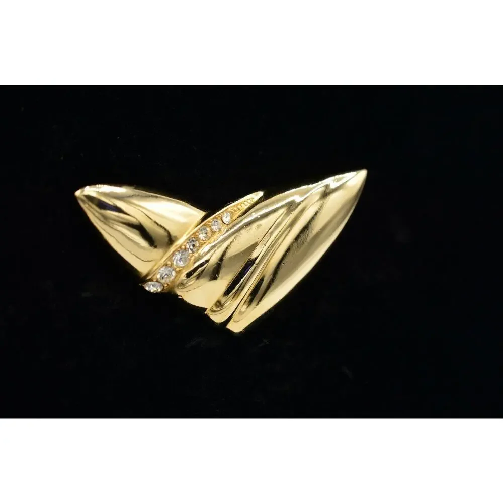 Vintage Statement Pin Brooch Gold Rhinestone Crystal Abstract Shape NOS 1980s 9B